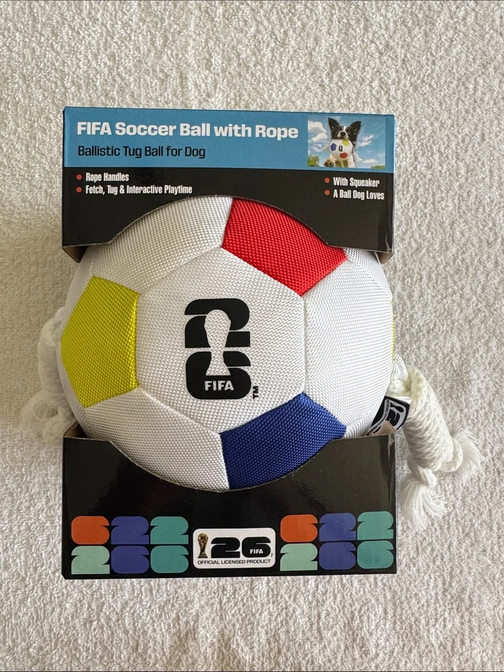 FIFA Soccer Ball with Rope White, Red & Yellow Dog Tug Toy